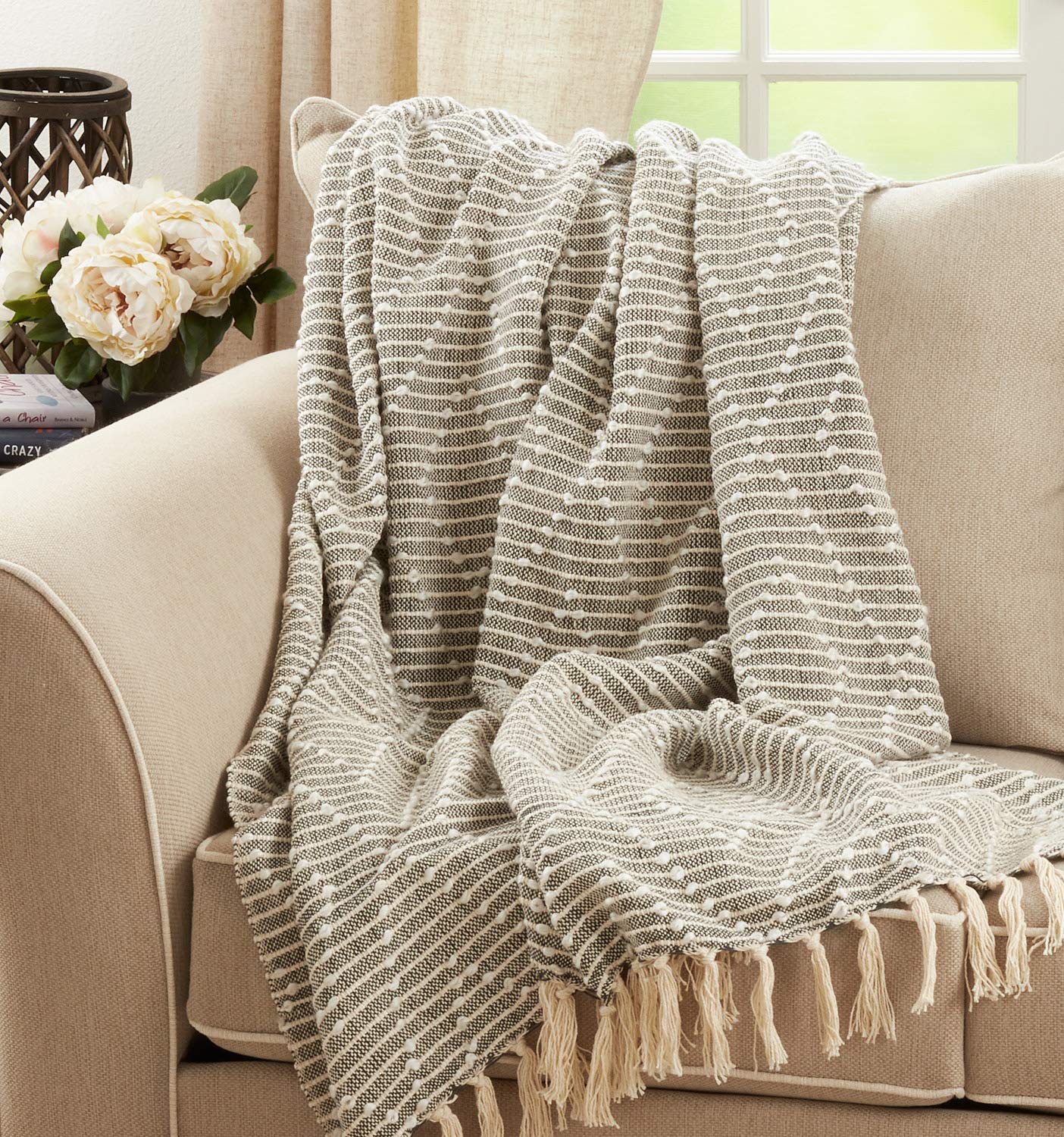 Fennco Styles Diamond Woven Fringed Throw Blanket 50" W x 60" L – Black Geometric Blanket for Couch, Bedroom and Living Room Décor