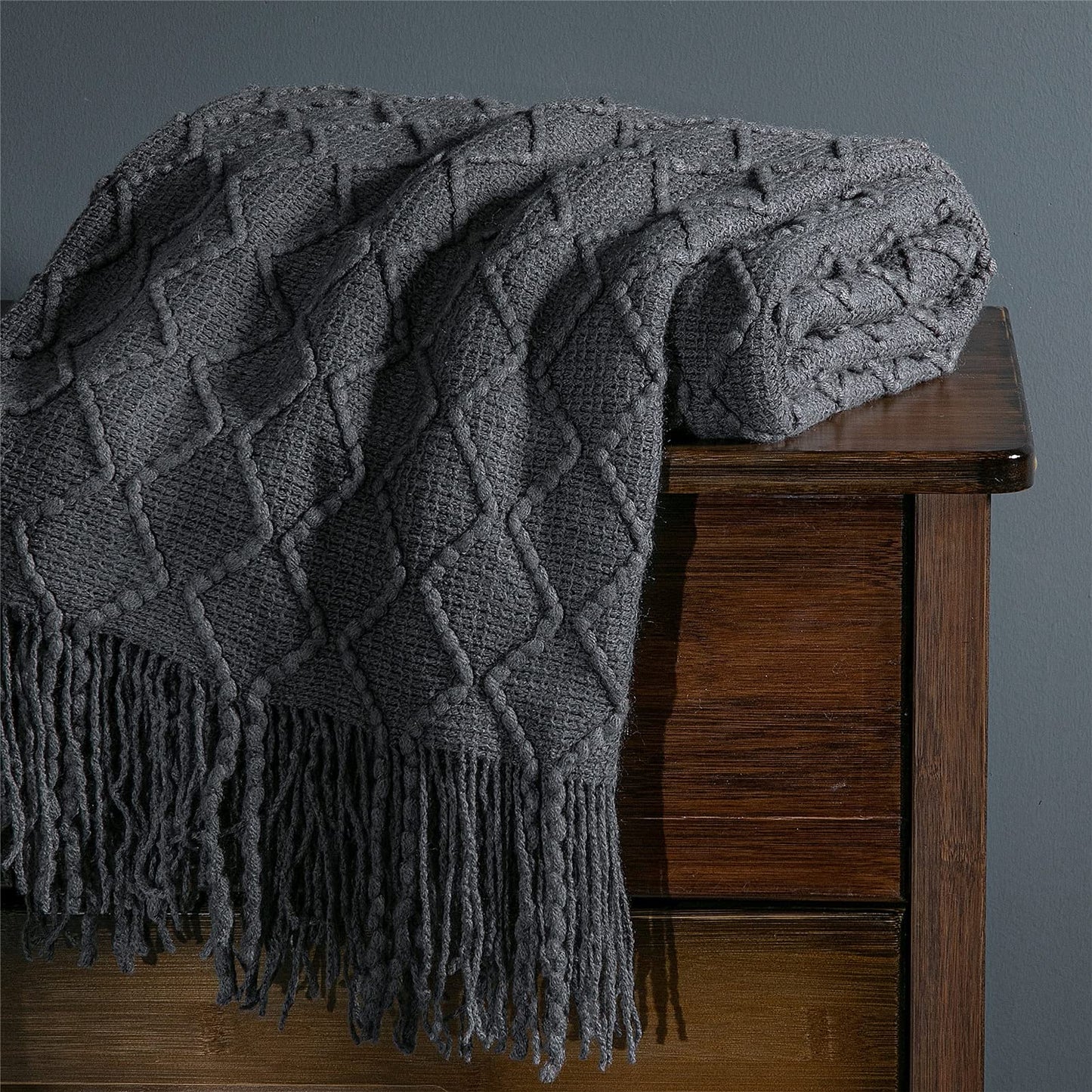 Fennco Styles Modern Textured Weave Knit Throw with Fringe 50" W x 60" L - Chevron Throw Blanket for Sofa, Couch, Living Room, Bedroom Décor