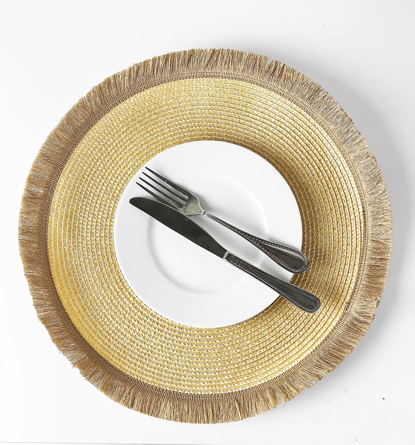 Fennco Styles Hand Braided Fringe Boho Placemats 15 Inch Round, Set of 4 - Beige & White Woven Textured Table Mats for Home, Dining Room, Banquets, Family Gathering and Special Occasion