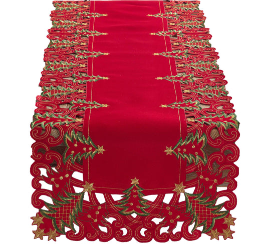 Fennco Styles Pandoro Collection Holiday Embroidered Christmas Tree Cutwork Border 16 x 108 Inch Table Runner – Red Table Runner for Christmas Dinner, Family Gathering, Special Events and Home Décor