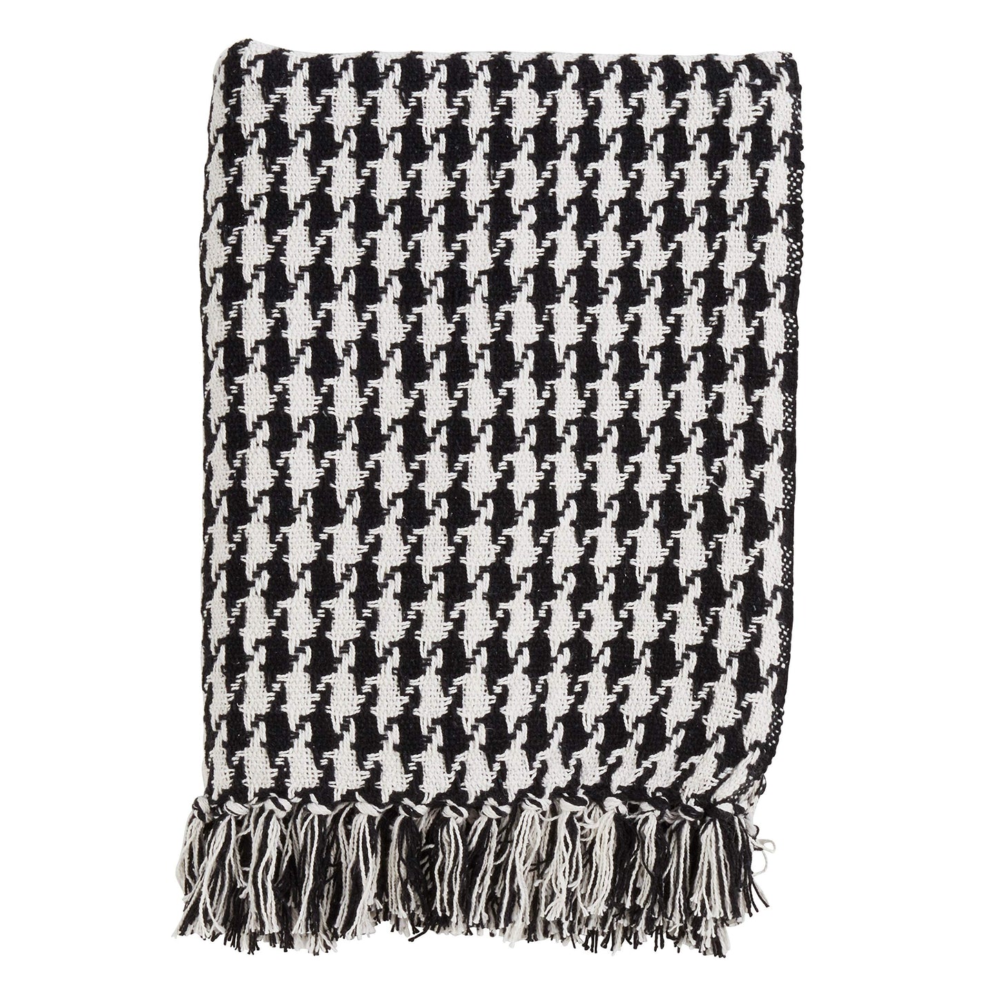 Fennco Styles Houndstooth Tassels 100% Cotton Woven Decorative Throw Blanket, 50" x 60", Black and White