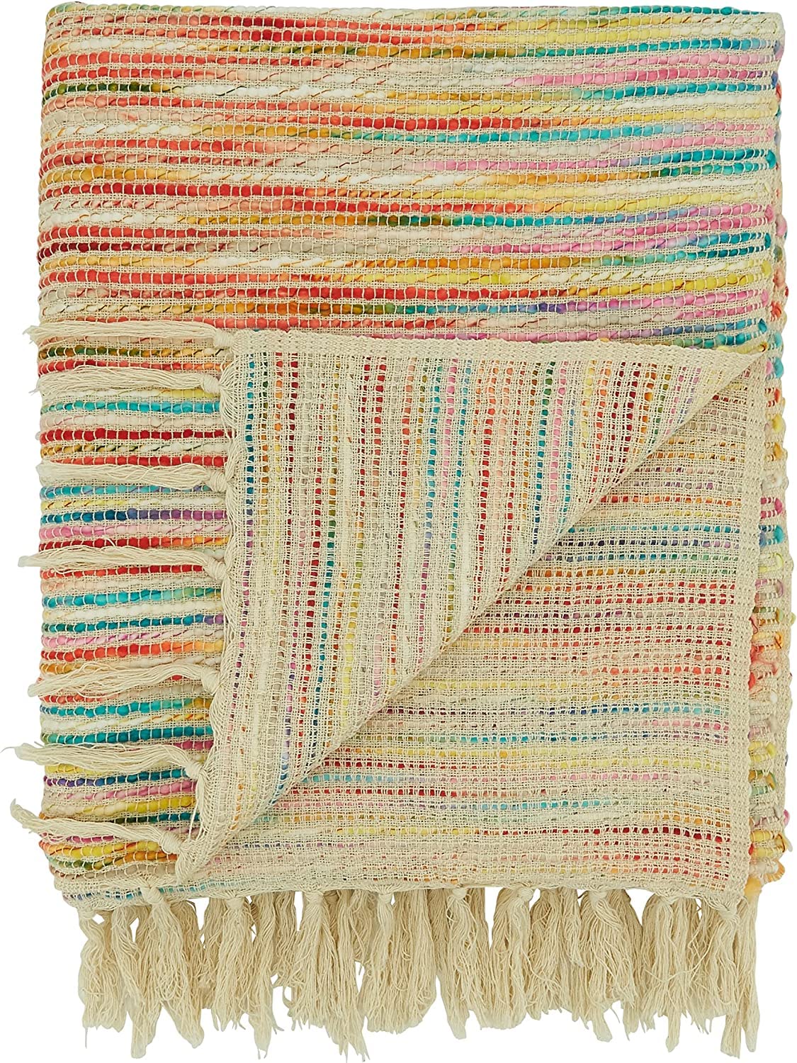 Fennco Styles Rainbow Striped Throw Blanket with Fringe 50" W x 60" L – Multicolored Cotton Blend Blanket for Bed, Couch, Sofa, Holidays, Home Décor and Office Décor