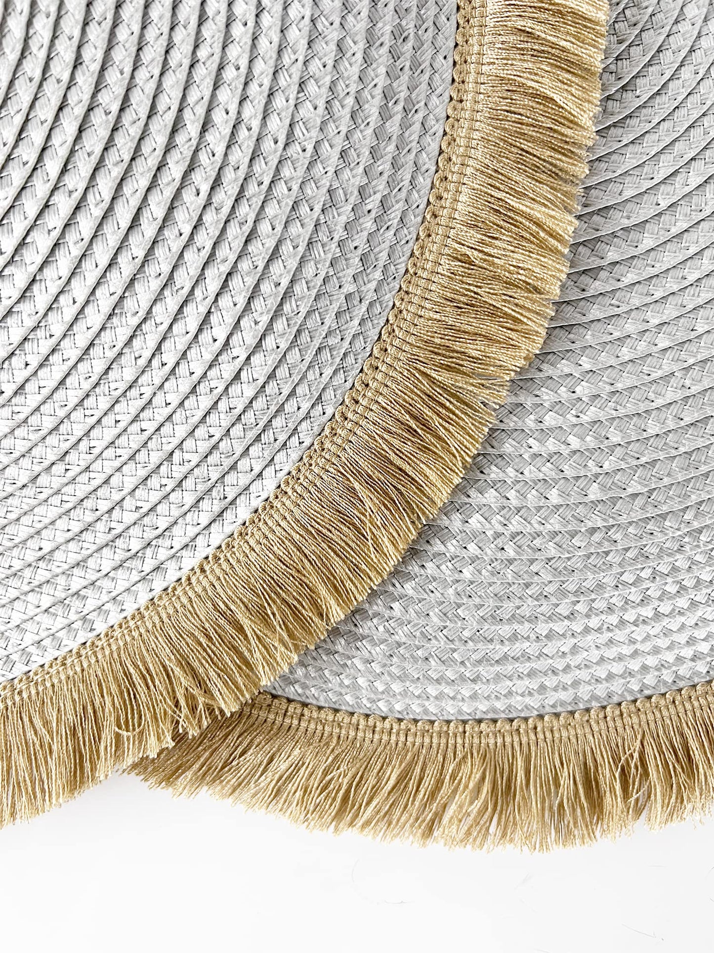 Fennco Styles Hand Braided Fringe Boho Placemats 15 Inch Round, Set of 4 - Beige & White Woven Textured Table Mats for Home, Dining Room, Banquets, Family Gathering and Special Occasion