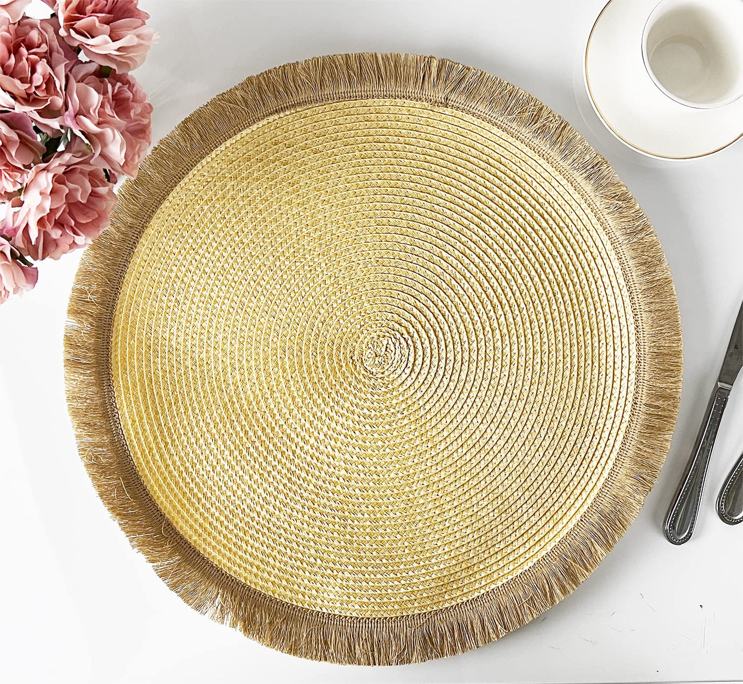 Fennco Styles Hand Braided Fringe Boho Placemats 15 Inch Round, Set of 4 - Beige & White Woven Textured Table Mats for Home, Dining Room, Banquets, Family Gathering and Special Occasion