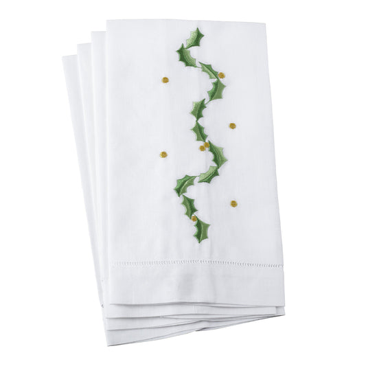 Fennco Styles Embroidered Holly Leaf Garland Christmas Hemstitched Linen Cotton Guest Towel - Set of 4 (#2)