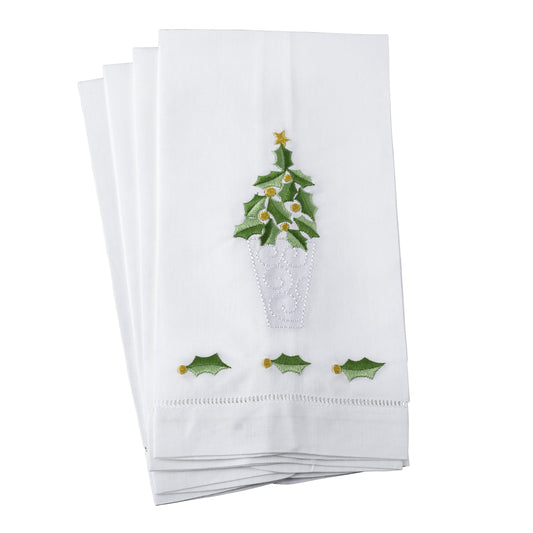 Fennco Styles Embroidered Holly Leaf Christmas Tree Design Hemstitched Linen Cotton Guest Towels 14" W X 22" L - Set of 4