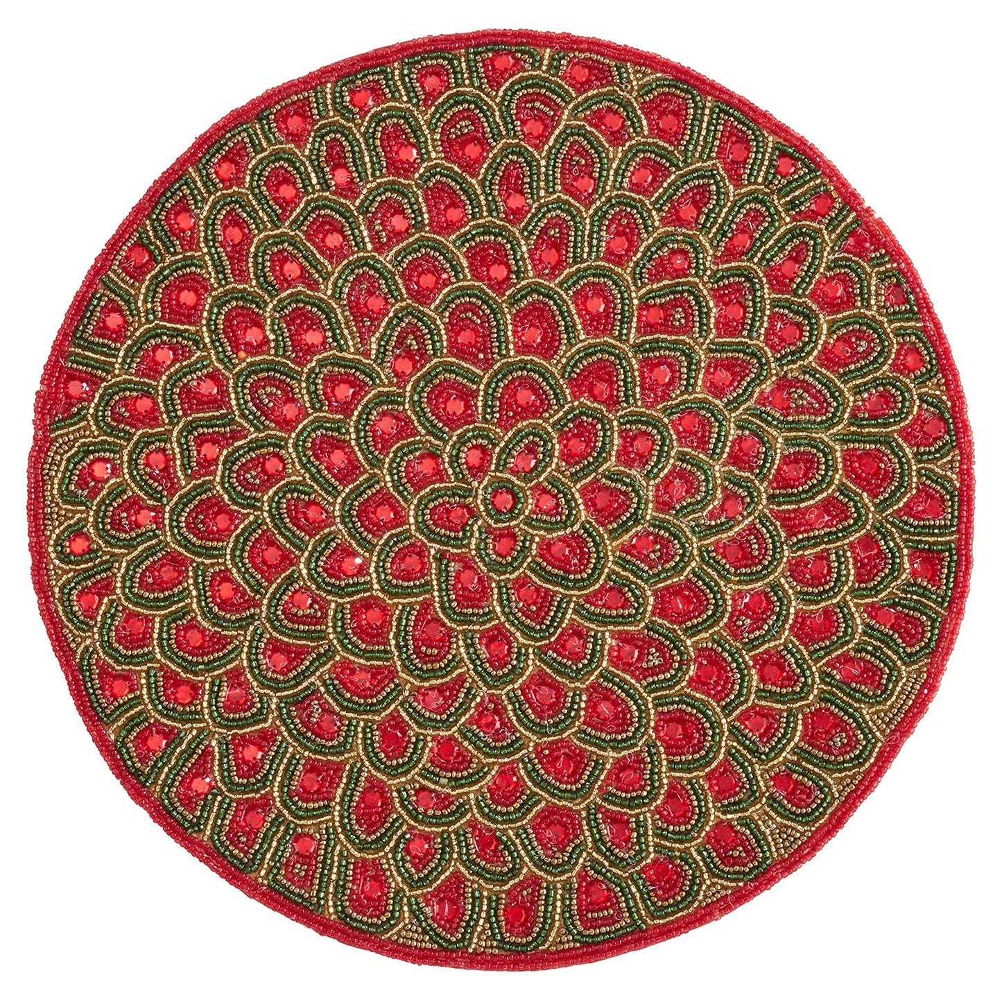Fennco Styles Jaipur Collection Contemporary Peacock Feathers Glass Beaded 14 x 14 Inch Place Mat – Red Placemat for Banquets, Family Gathering, Special Events and Home Décor
