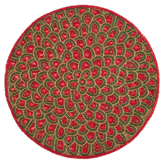 Fennco Styles Jaipur Collection Contemporary Peacock Feathers Glass Beaded 14 x 14 Inch Place Mat – Red Placemat for Banquets, Family Gathering, Special Events and Home Décor