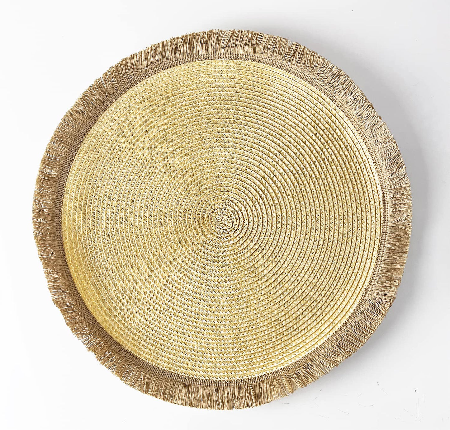 Fennco Styles Hand Braided Fringe Boho Placemats 15 Inch Round, Set of 4 - Beige & White Woven Textured Table Mats for Home, Dining Room, Banquets, Family Gathering and Special Occasion