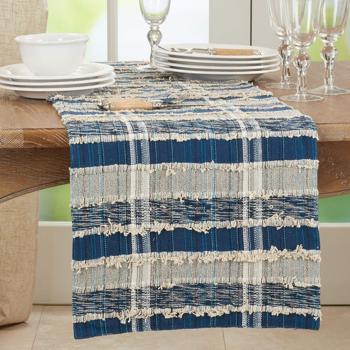 Fennco Styles Bold Stripe Woven Cotton Table Runner 16" W x 72" L - Blue Rectangular Table Cover for Home Décor, Dining Table, Banquets, Family Gathering and Special Events