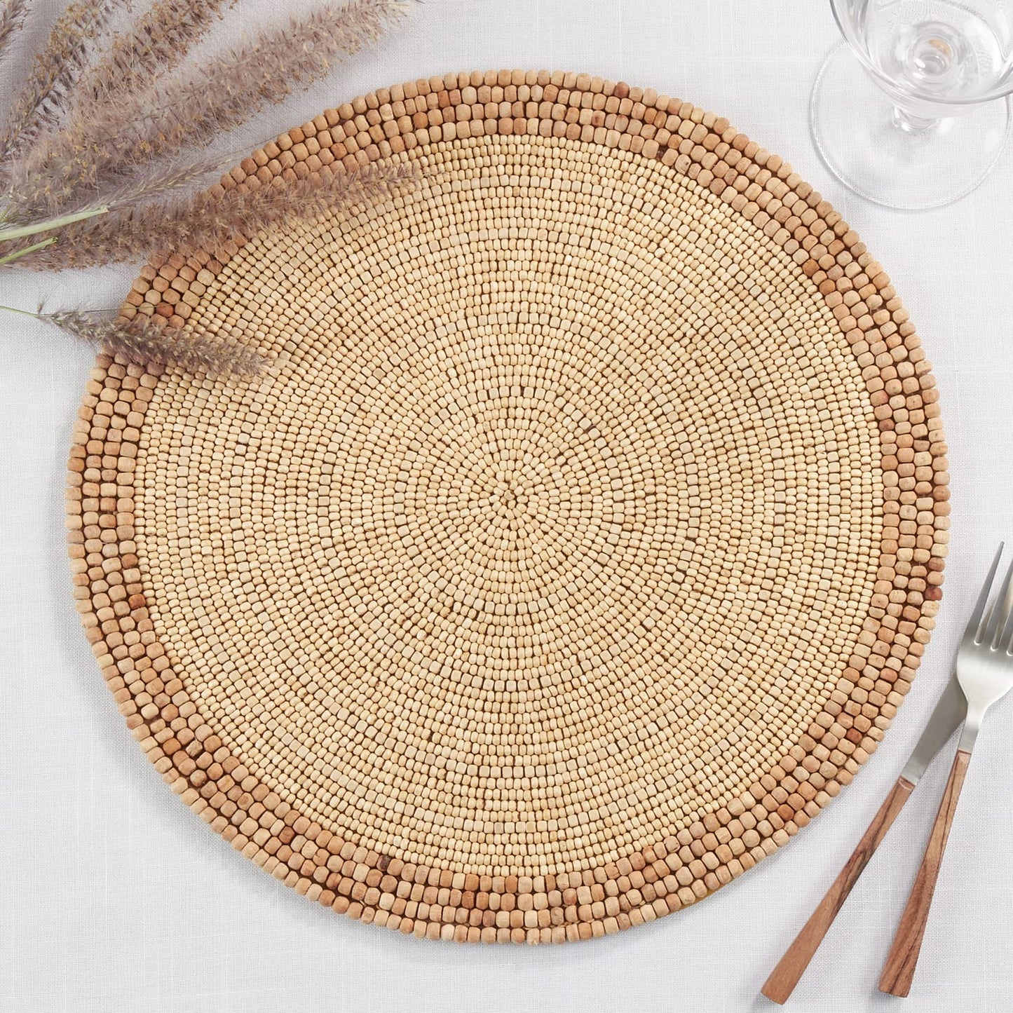 Fennco Styles Handmade Wooden Beaded Placemat 14" Round, 1- Piece - Natural Beads Table Mat for Home Décor, Family Gathering, Banquets, Everyday Use and Special Occasion