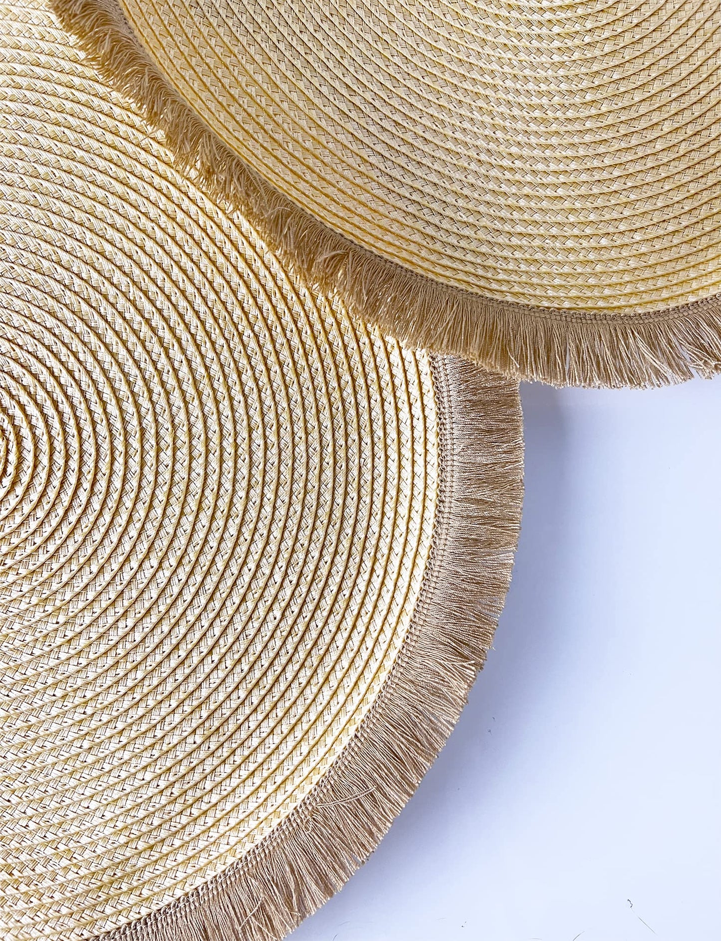 Fennco Styles Hand Braided Fringe Boho Placemats 15 Inch Round, Set of 4 - Beige & White Woven Textured Table Mats for Home, Dining Room, Banquets, Family Gathering and Special Occasion
