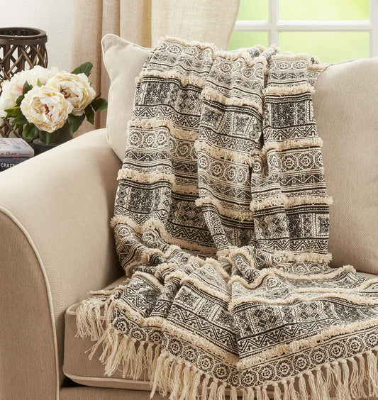 Fennco Styles Block Print Embellished Cotton Throw Blanket with Tassel 50" W x 60" L – Black Tufted Blanket for Couch, Bedroom and Living Room Décor