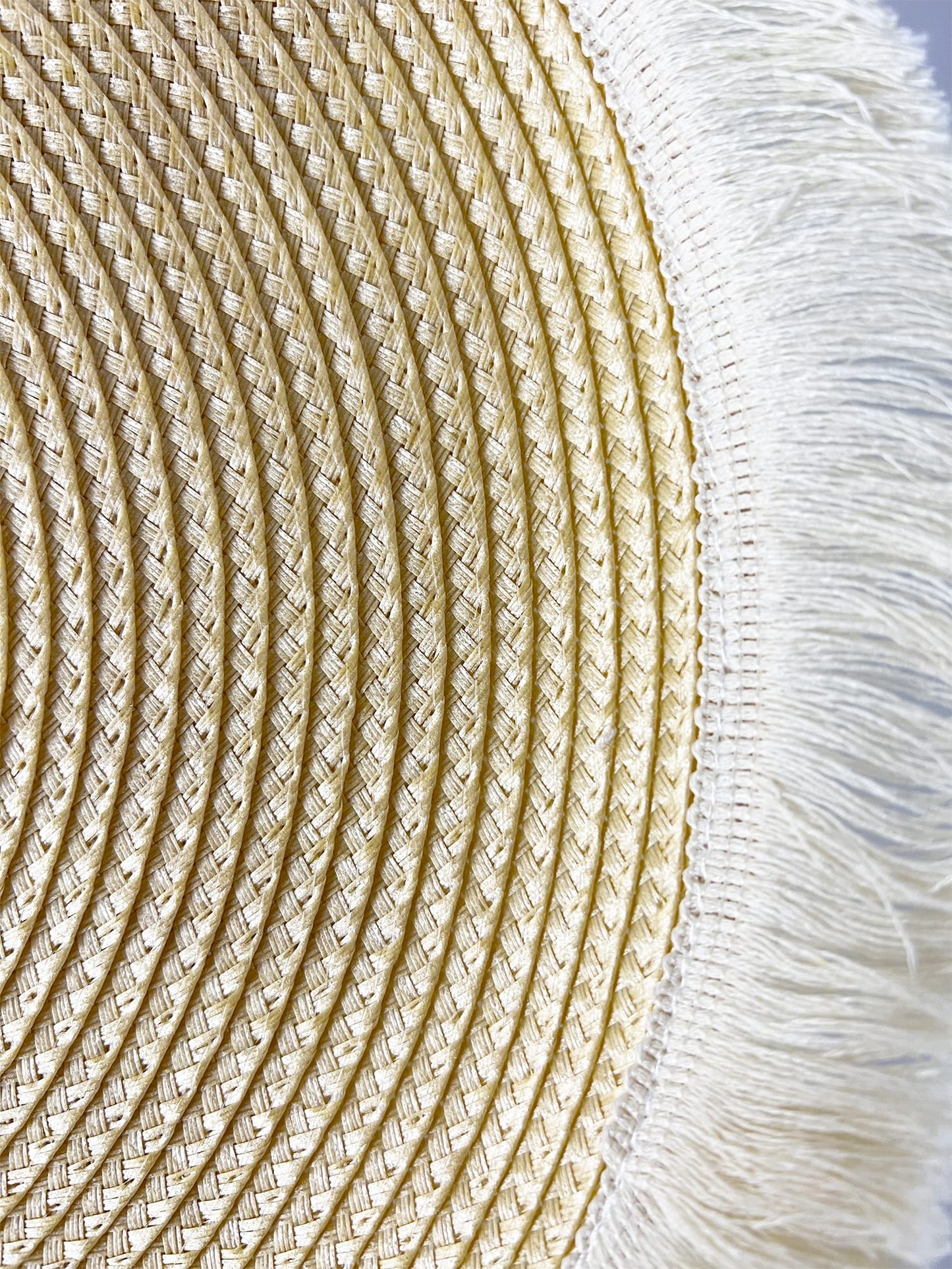 Fennco Styles Hand Braided Fringe Boho Placemats 15 Inch Round, Set of 4 - Beige & White Woven Textured Table Mats for Home, Dining Room, Banquets, Family Gathering and Special Occasion