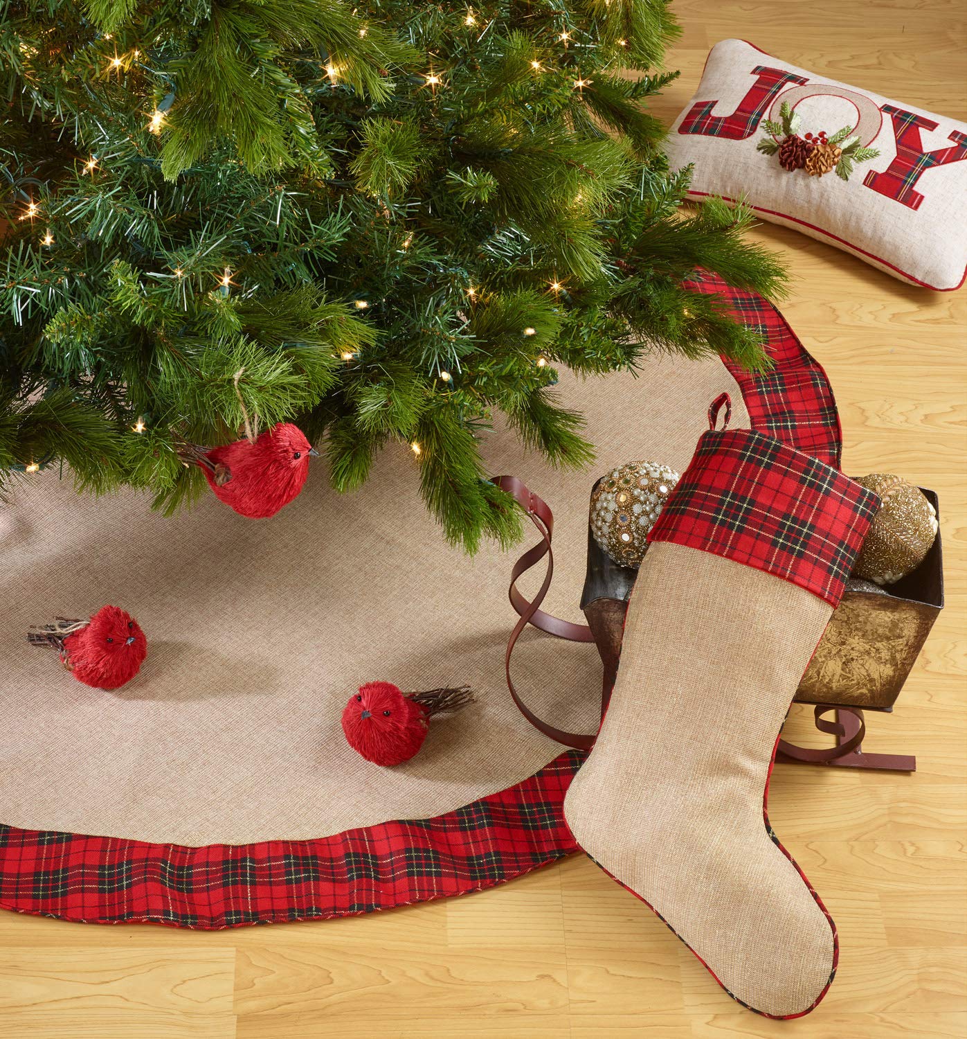 Fennco Styles Holiday Decor Christmas Chic Tartan Plaid Trim Tree Skirt Hanging Stocking (54" Round Tree Skirt)