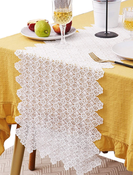 Fennco Styles Embroidered Floral Hollow Lace Table Runner 14" W x 71" L - White Table Cover for Home, Dining Table Decor, Banquet, Wedding and Special Event