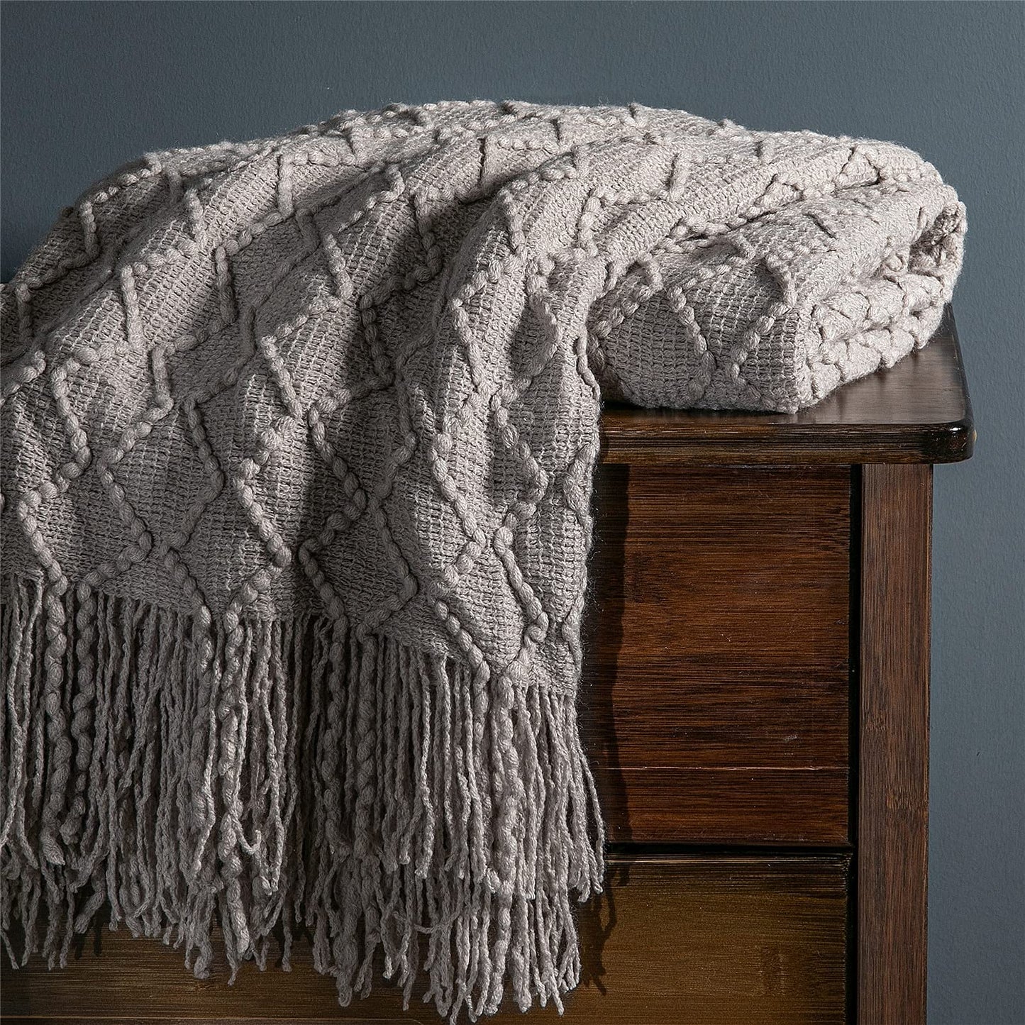Fennco Styles Modern Textured Weave Knit Throw with Fringe 50" W x 60" L - Chevron Throw Blanket for Sofa, Couch, Living Room, Bedroom Décor