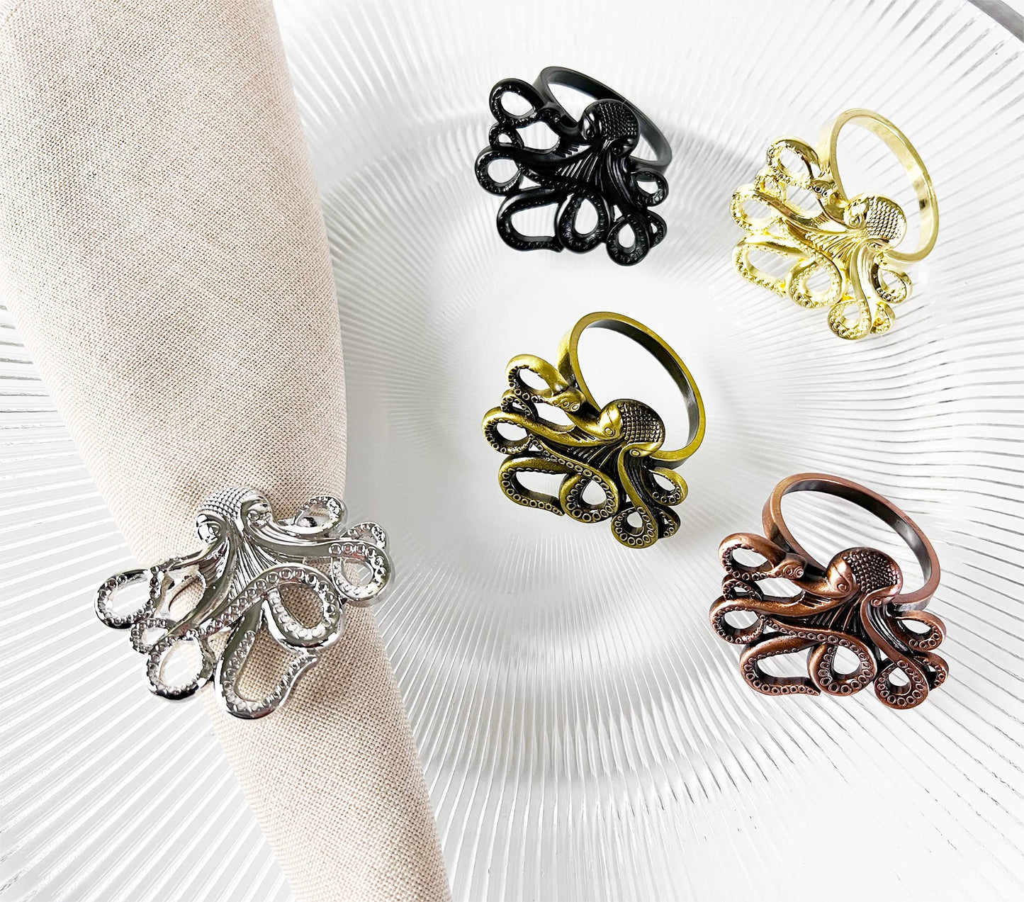Fennco Styles Coastal Octopus Metal Napkin Rings, Set of 4 - Gold Nautical Napkin Holders for Home Décor, Dining Table, Banquets, Family Gathering and Special Occasions