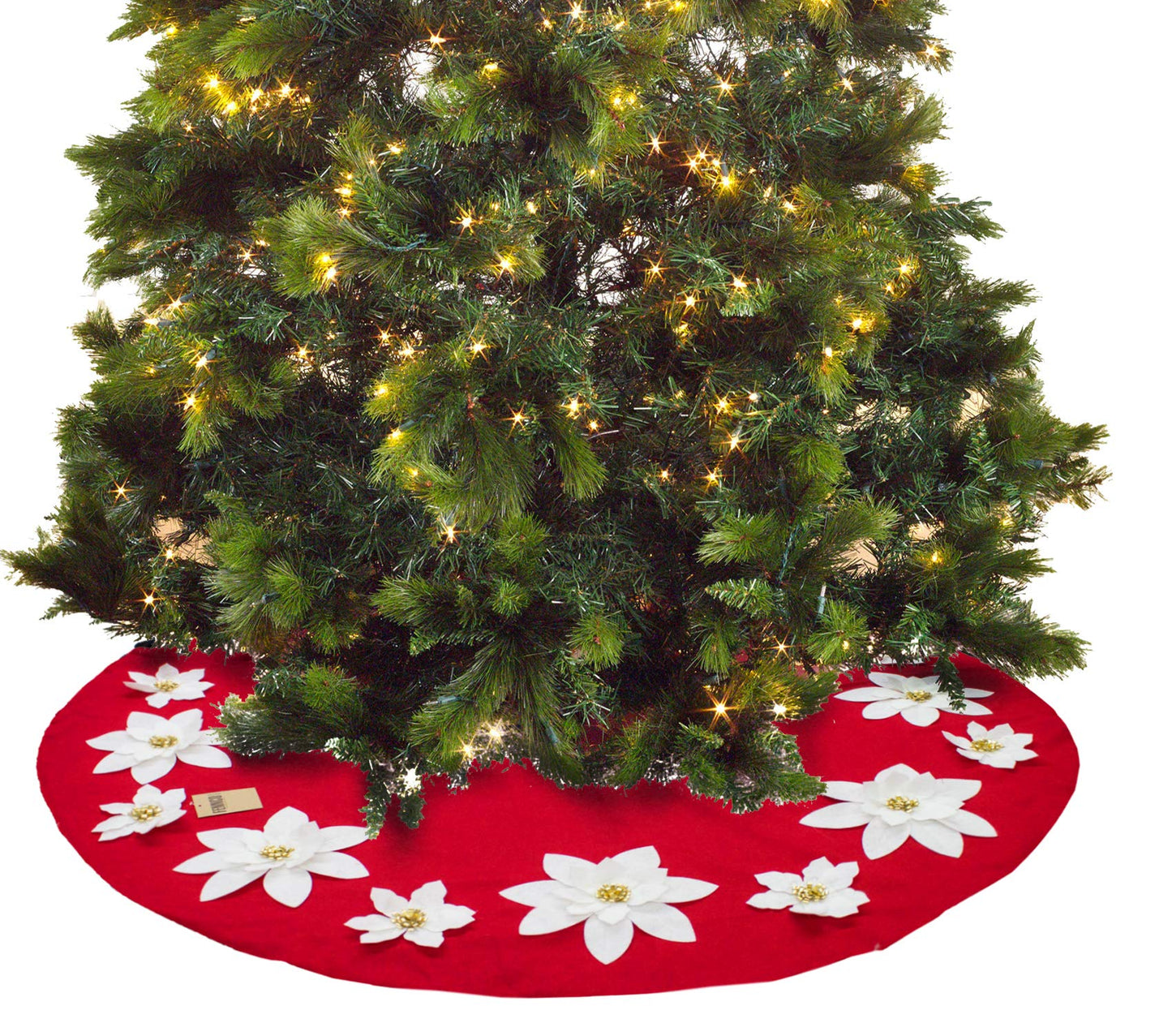 Fennco Styles Handmade Holiday Unique 3D Poinsettia Christmas Tree Skirt (Red+White 53" Tree Skirt)