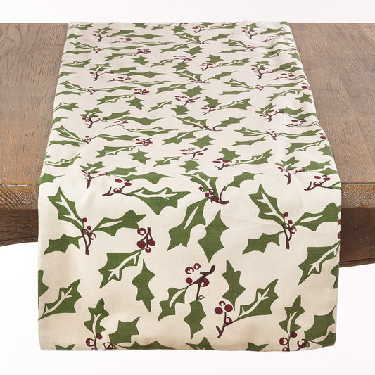 Fennco Styles Roberta Collection Cottage Holly Berry Stamp Patterns 16 x 72 inch Table Runner– Multicolor Table Runner for Christmas Dinner, Family Gathering, Special Events and Home Décor