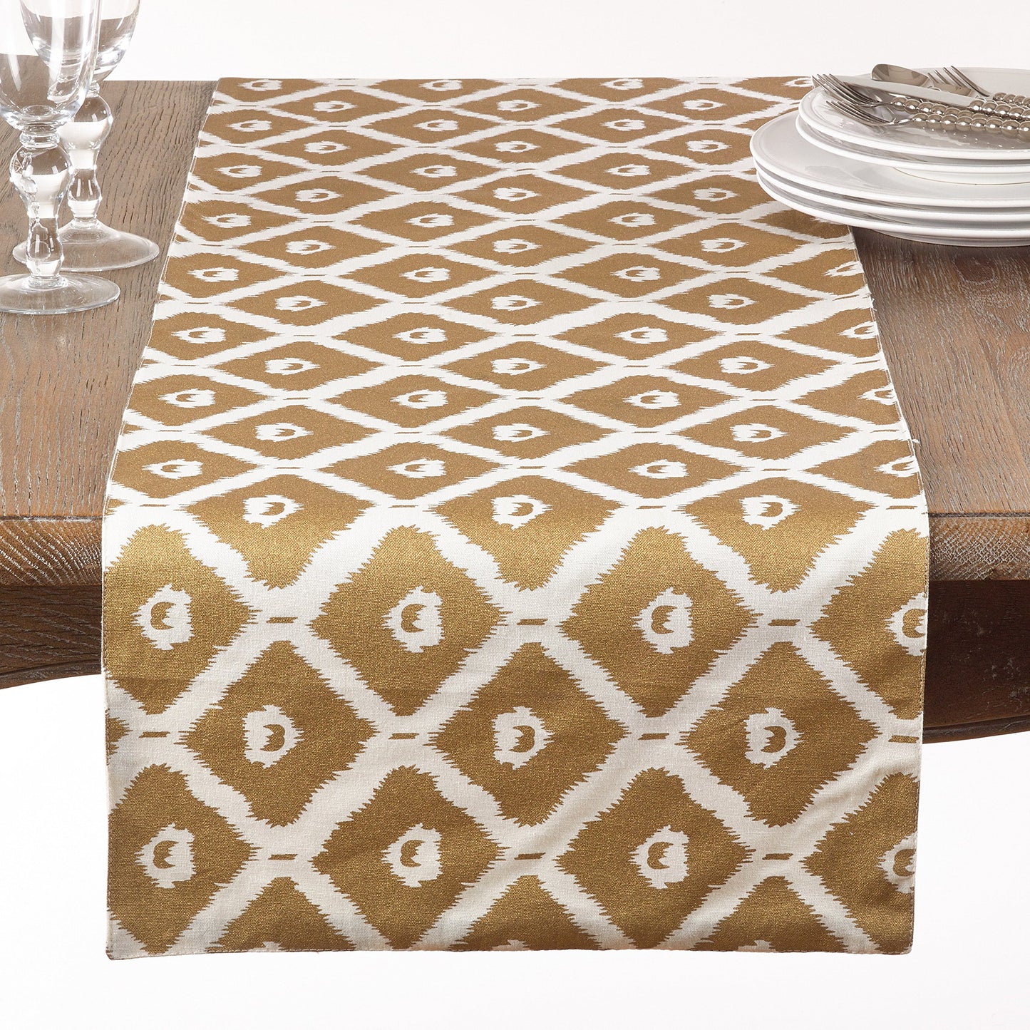 Fennco Styles Metallic Ikat Print Decorative Table Runner (16"x72" Table Runner, Gold)
