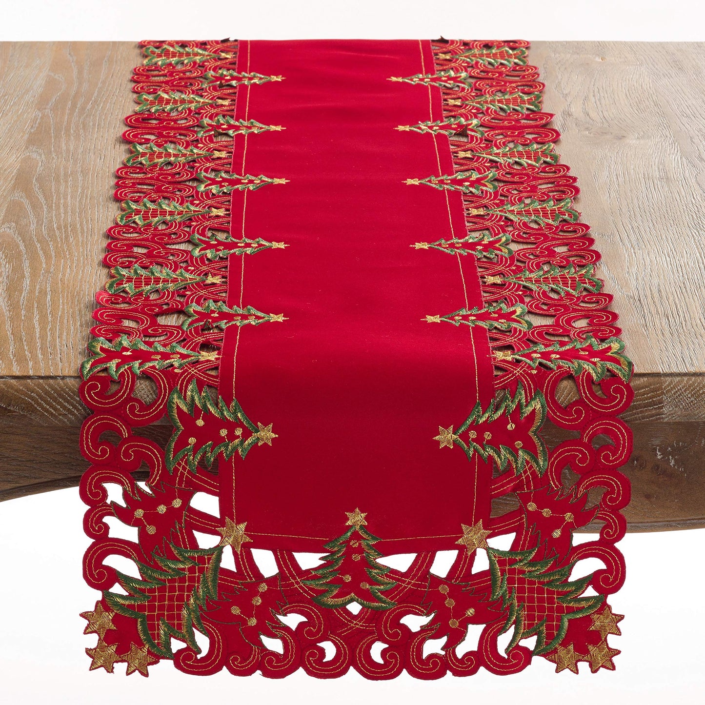 Fennco Styles Pandoro Collection Holiday Embroidered Christmas Tree Cutwork Border 16 x 108 Inch Table Runner – Red Table Runner for Christmas Dinner, Family Gathering, Special Events and Home Décor