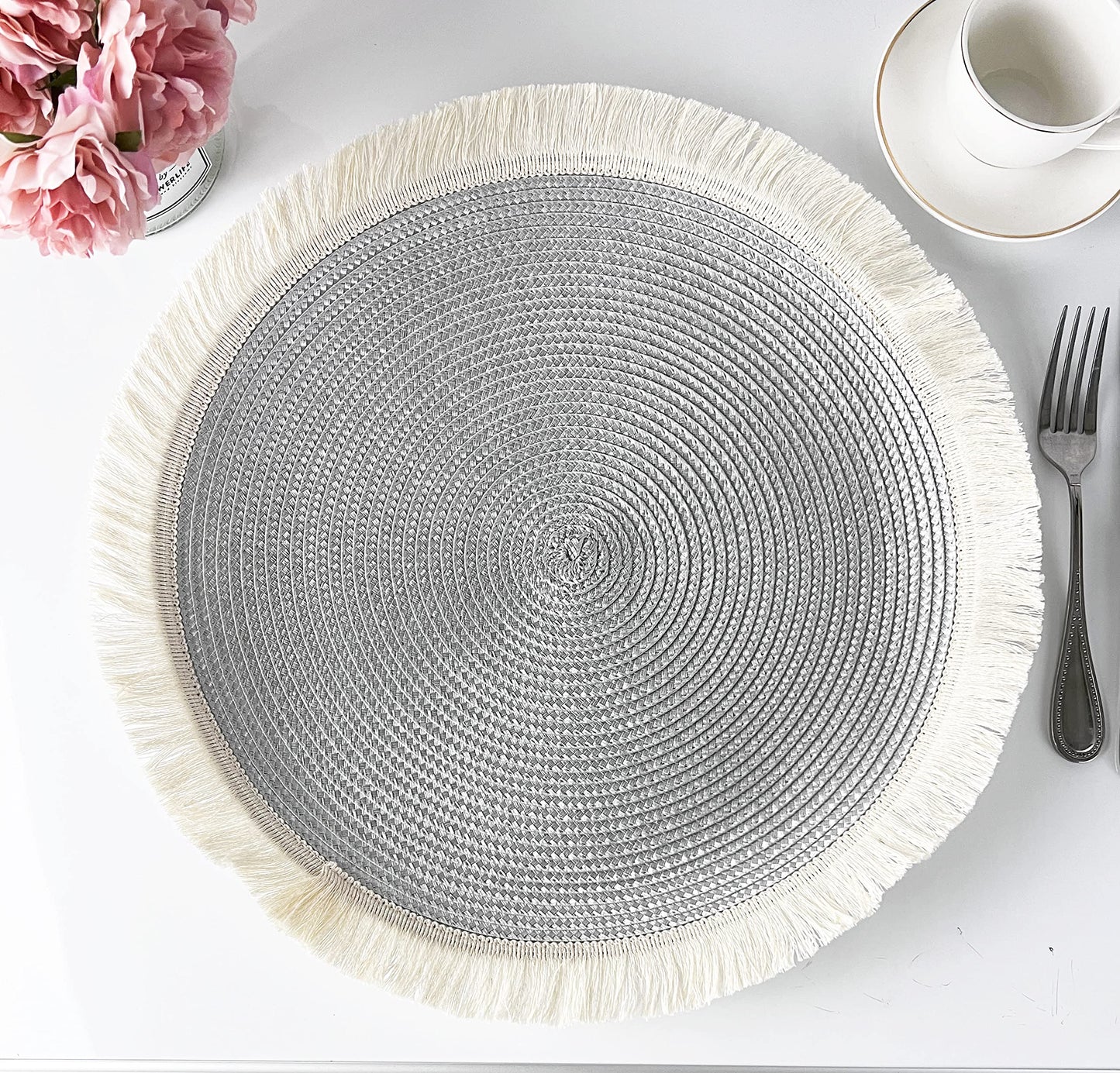 Fennco Styles Hand Braided Fringe Boho Placemats 15 Inch Round, Set of 4 - Beige & White Woven Textured Table Mats for Home, Dining Room, Banquets, Family Gathering and Special Occasion
