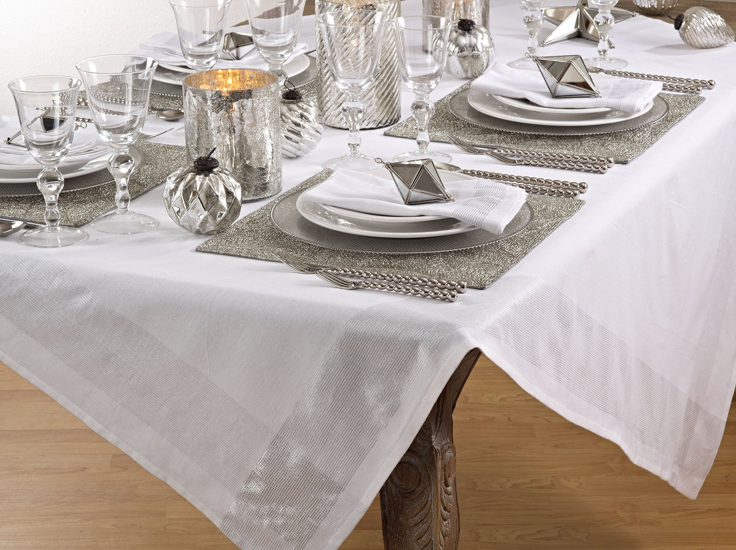 Fennco Styles Splendid Shimmering Striped Tablecloth - White Table Cover for Home Everyday Use, Banquets, Family Gathering and Special Events