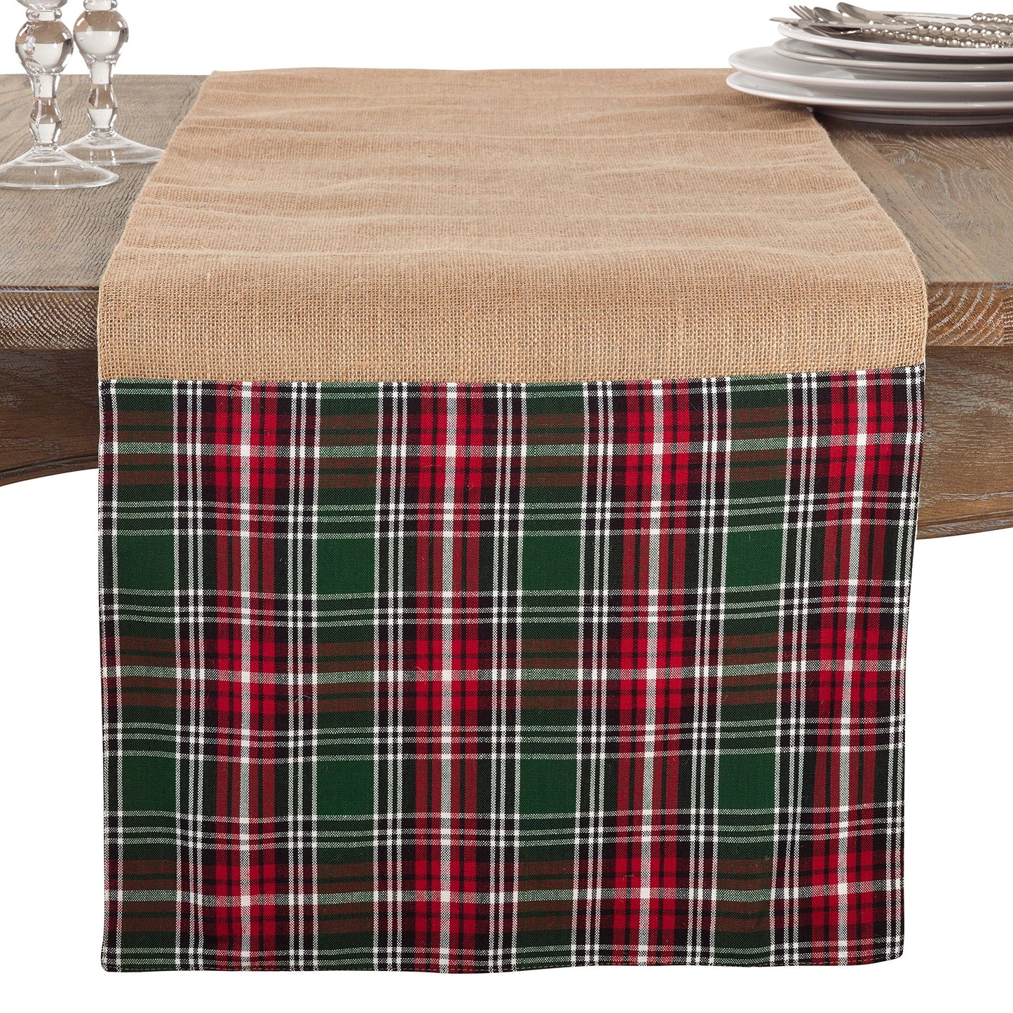 Fennco Styles Plaid Design Jute Decorative Table Runner 16 x 72 Inch - Natural Table Cover for Home Decor, Dining Room, Banquets and Holiday Events