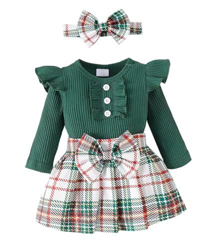 Stylesilove Infant Baby Girls Ribbed Long Sleeve Cotton Bodysuit, Plaid Skirt & Headband 3pcs Christmas Holiday Outfit